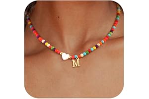 TOBENY Dainty Initial Necklaces for Women Colorful Beaded Necklaces Handmade Personalized A-Z Gifts Trendy Stuff 14K Gold Plated Bohemian Letter Choker Necklace with Heart Shaped Shells Jewelry Gift