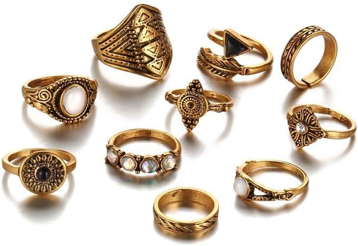 Knuckle Stacking Rings Women Retro Boho Punk Style Feather Sun Arrow Carved Ring 10Pcs/Set