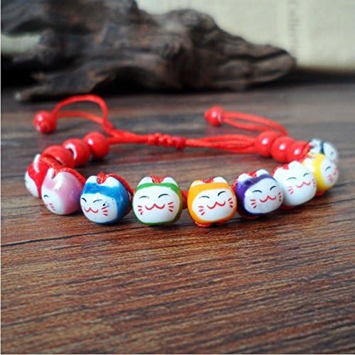 Honta Lucky Cat Bracelet Charm Ceramic Beads Pine Black String Stone Bracelets Adjustable(red rope)
