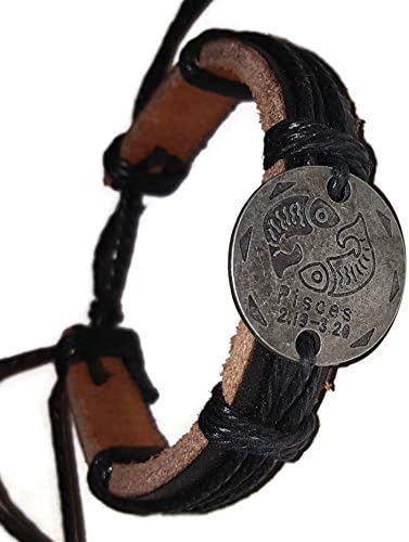 Pewter Coin Zodiac Adjustable Unisex Leather Bracelet with Metal Zodiac Sign Logo Charm Silver Tone (Pisces)