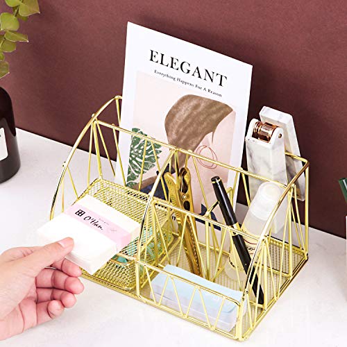 Z-PLINRISE-Desk-Accessories-Organizer-5-Compartments-with-Drawer-Letter-Holder-2-Pen-Holders-Sticky-Note-Holder-and-Accessory-Slot-Wire-Stationery-Caddy-for-Office-Supplies-Gold