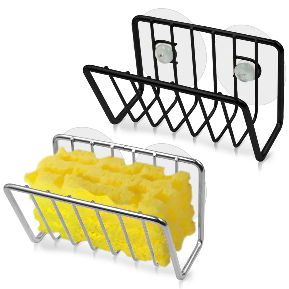 AFUNTA Stainless Steel Sink Basket Storage Rack, 2 Pcs with 4 Suction Cups, for Sponge, Soap, Scrubber