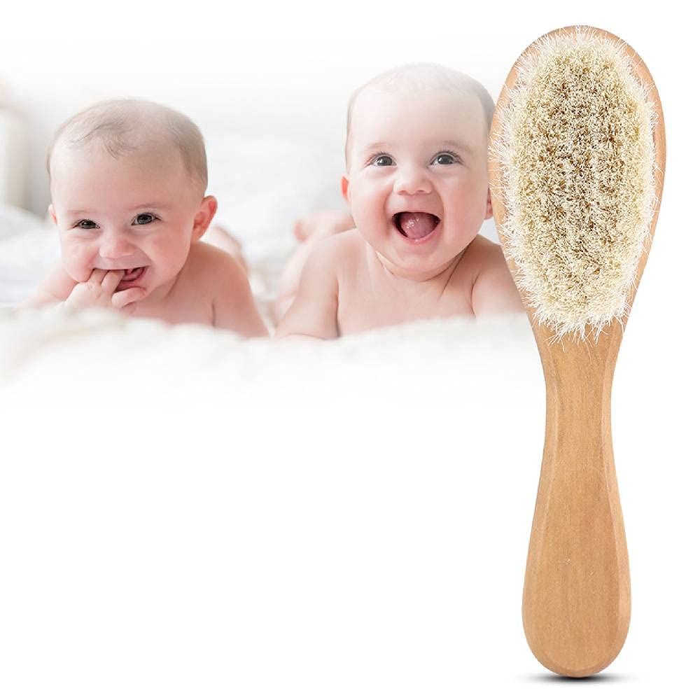 Baby Hair Brush with Wooden Handle Goat Bristles Infant Head Massage Grooming Comb