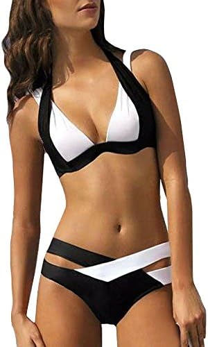 Two Piece SwimsuitWomens Sexy Solid Halter Colorblock Padded Push Up Bikini Set Swimwear Bathing Suit Beachwear