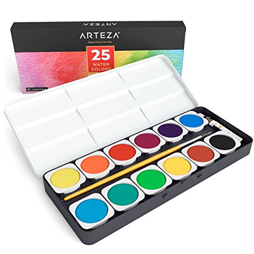 Arteza Premium Watercolour Paint Set, 25 Vibrant Colour Cakes, Includes