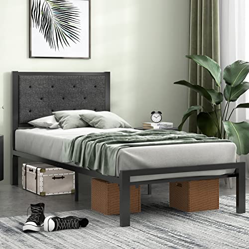 Einfach Twin Size Metal Platform Bed Frame with Fabric Upholstered