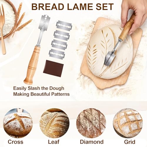 RIZENCE 21PCS Sourdough Starter Kit - Banneton Bread Proofing Basket Set, 9" Round & 10" Oval Proving Basket - 100% Natural Rattan - Complete Bread Making Accessories with Glass Sourdough Starter Jar