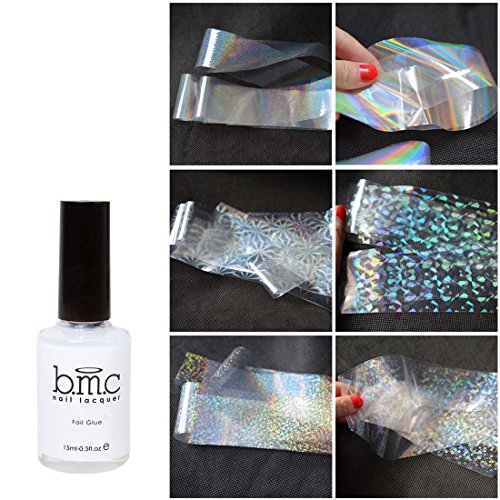 BMC 6 Sheet Clear Holographic Nail Art Foil Strips With Application Glue Set