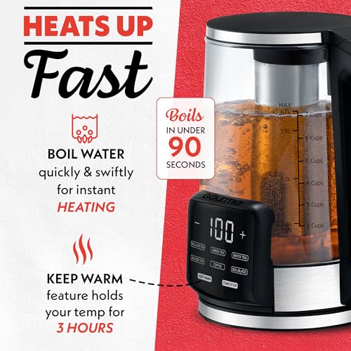 Gourmia Hervidor eléctrico de vidrio programable - Hervidor de té y café con control de temperatura de 1,7 L con pantalla táctil digital, 6 presintonías, mantiene caliente, infusor de acero inoxidable extraíble, base giratoria de 360° - Negro