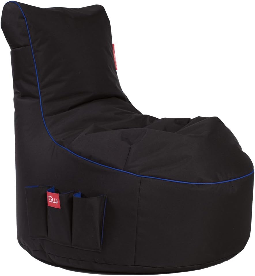 SONGMICS GAMEWAREZ Arctic Blizzard 2.0 Gaming Bean Bag Made in Germany for PS4, XBOX360, XboxOne, Nintendo DS, Nintendo Switch, Smartphone Black with Blue Profile, Pockets and a Headset Stand