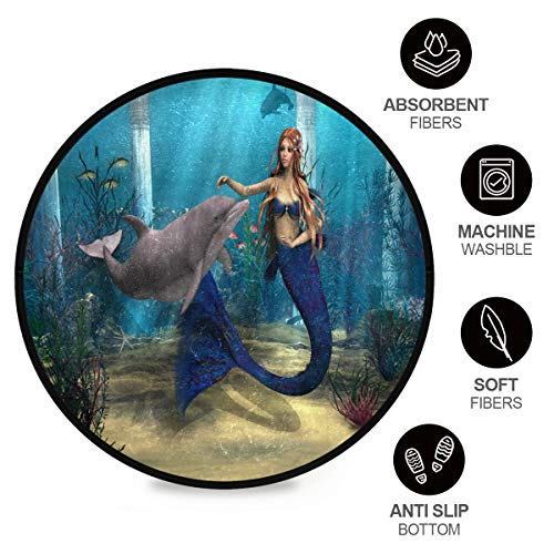 ALAZA 3D Mermaid Dolphin Ocean Round Area Rug Non Slip Rug Floor Mat Carpet Entryway Hallway Sofa Living Room Bedroom Home Decor 3' Diam