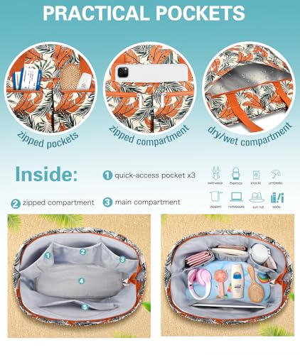 ENONEO Beach Bag for Women Large Beach Bag Family 45L Waterproof Bags Swimming Pool XXL Shopper Tote Bag with Zipper Foldable Beach Bags for Shopping Travel Picnic