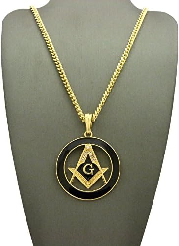NEW FREEMASON ROUND PENDANT &amp;4mm/24" CUBAN CHAIN HIP HOP NECKLACE - XTP12CCG