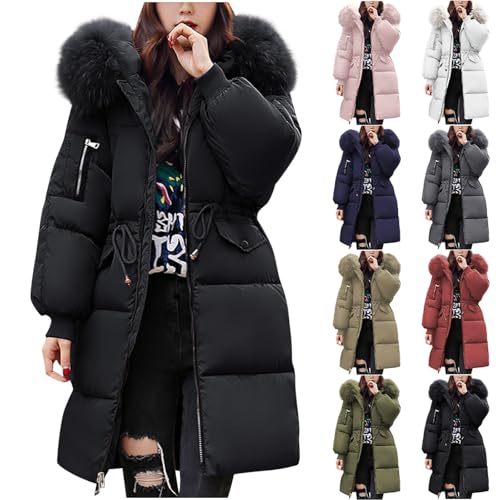 tacniseyw Winter Jackets For Women Uk Long Quilted Padded Coat Hooded Puffer Down Coats Ladies Lightweight Waterproof Jacket With Fluffy Hood Casual Trench Coat Warm Parka Outerwear Plus Size