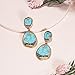 BONALUNA Bohemian Wood And Marble Effect Oval Shaped Drop Statement Earrings (TURQUOISE)