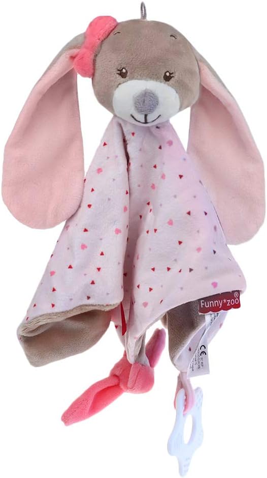 Security Blankets for Babies Bunny Stuffed Plush Teething Towel Toy with Silicone Teether and Built-in Bell