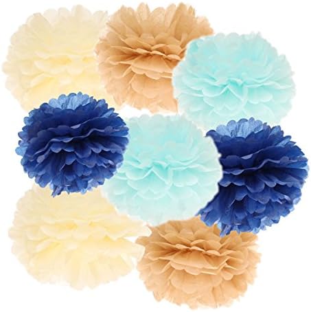 16pcs Navy Cream Tan Baby Blue Tissue Paper Pom Pom Paper Flower Ball Decoration Tissue Ball Paper Decoration for Baby Shower Nursery Decor Party Favors