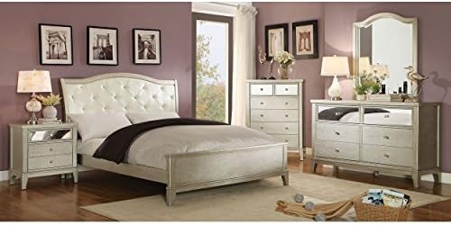 Andsell 5 Piece Button Tufted Crystal E King Bed, 2 Nightstand, Dresser, Mirror in Champagne Leatherette