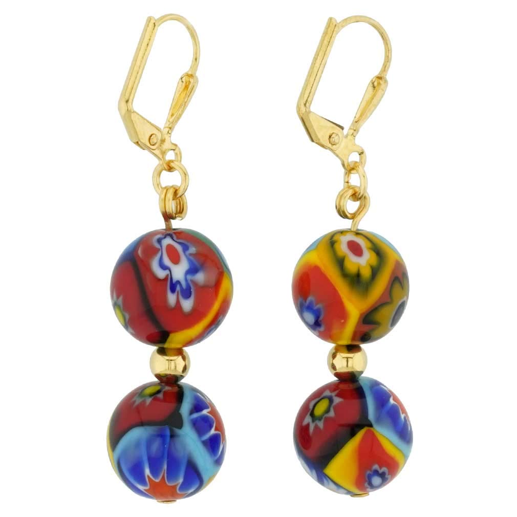Glass Of Venice Murano Mosaic Millefiori Festive Balls Earrings - Gold