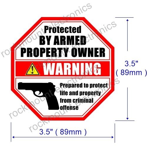 Front Self Adhesive Vinyl Outdoor/Indoor (4 Pack) 3.5" X 3.5" PROTECTED BY ARMED PROPERTY OWNER Home Business Window Door Gun Handgun Warning Signs Alert Sticker Decals