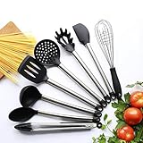8 Piece Kitchen Utensil Set - Stainless Steel And Black Silicone - Modern Nonstick Utensils Cooking Tools Including Serving Tongs, Spoon, Spatula Tools, Pasta Server, Ladle, Strainer, Whisks