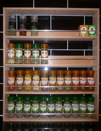 Solid Beech Spice Rack Holds up to 44 Schwartz, Bart and Supermarket Style Jars, 4 Tiers Wall Mounted or Freestanding Kitchen Storage Handmade in The UK