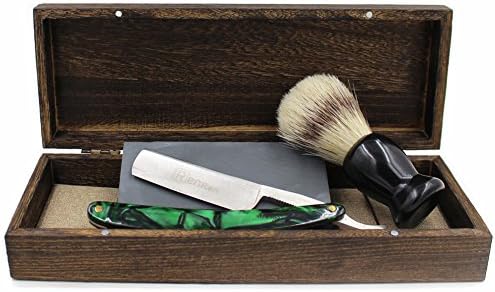 Vintage Cut Throat Straight Razor Green Black Acrylic Handle Bristle Shaving Brush Natural Whetstone and Wooden Box Set with Gift Bag