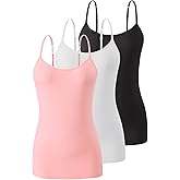 Air Curvey 3 Pack Camisole Tops for Women Built in Bra Adjustable Strap Soft Cotton Undershirt Tanks Seamless Layering Tops