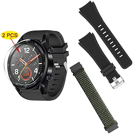 2 Pack Watch Bands Compatible with Huawei GT,Sonku 22mm Watch Straps Breathable Silicone&Nylon Replacement Sport Loop Bands,Black and Military Green+2 Screen Protector