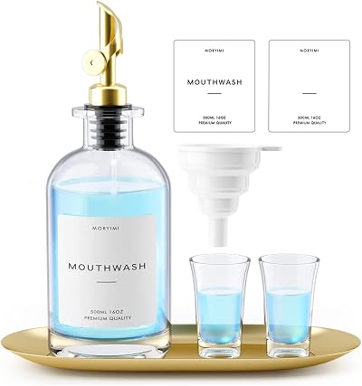 Moryimi 16oz Glass Mouthwash Dispenser Decanter w/ Cups Gold Tray Funnel