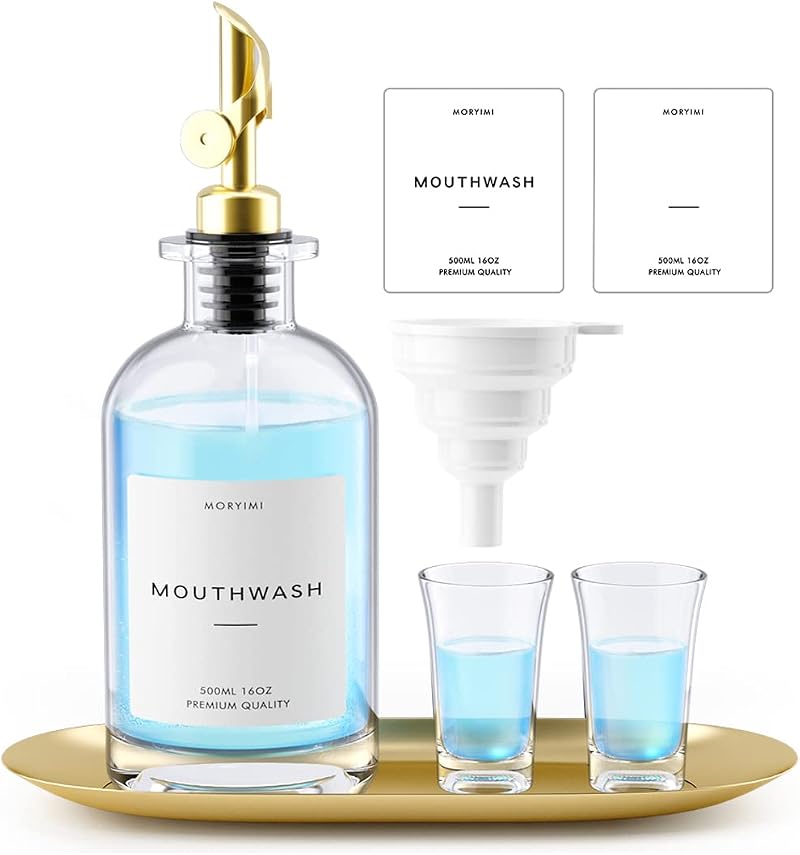 Moryimi 16oz Glass Mouthwash Dispenser Decanter w/ Cups Gold Tray Funnel