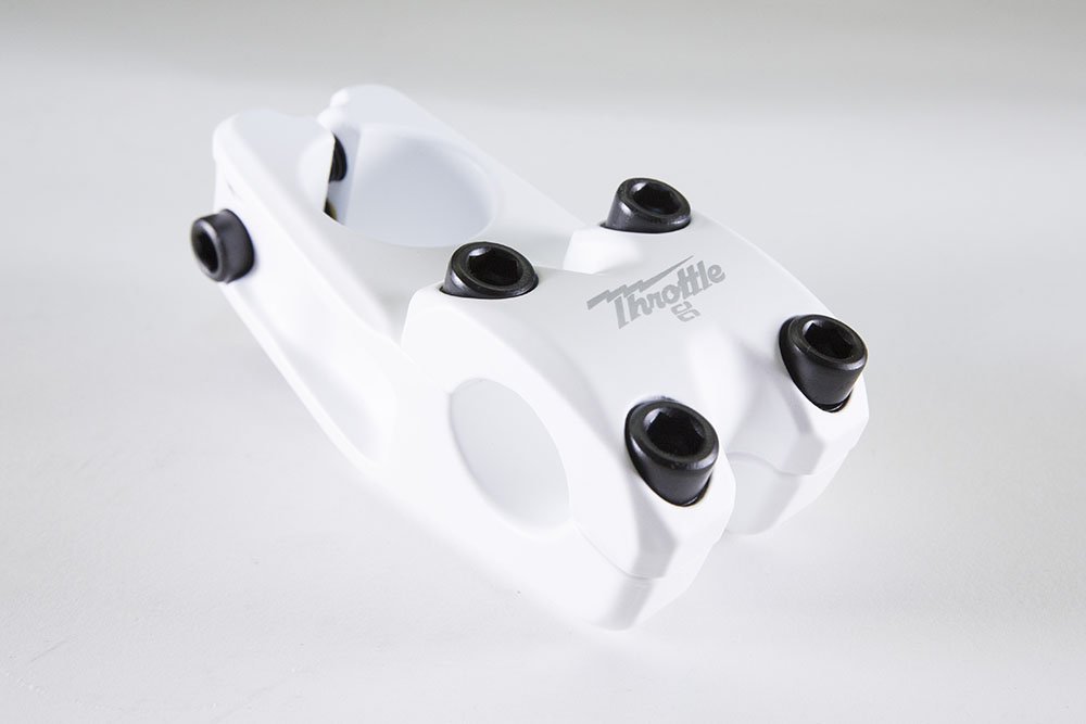 Eastern Bikes Throttle BMX Stem, 22.2mm Clamp Dia, 50mm Reach, Frontload or Topload, Lightweight 6061 Alloy, Chromoly Bolts (Topload, White)