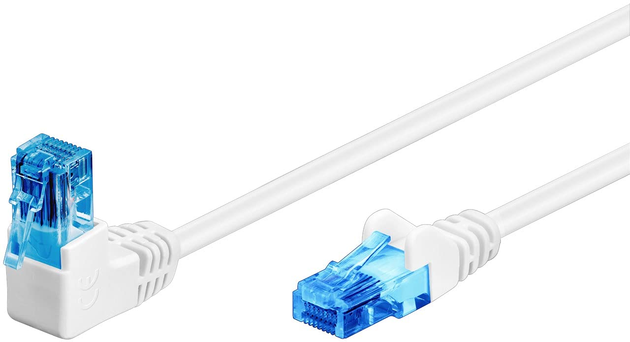 goobay 51535 CAT 6A Patch Cable, 90 Degree Plug, Network Cable, Ethernet, Playstation, Xbox, LAN Cable, DSL, U/UTP, RJ45 Plug, White, 0.50 m
