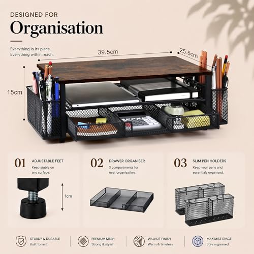 Computer Monitor Stand Riser with Storage, 2-Tier Wooden Desk Organiser and Accessories with Drawer & 2 Pen Holders, Ergonomic Desktop Stand for Printer, iMac & Office Desk Accessories, Brown