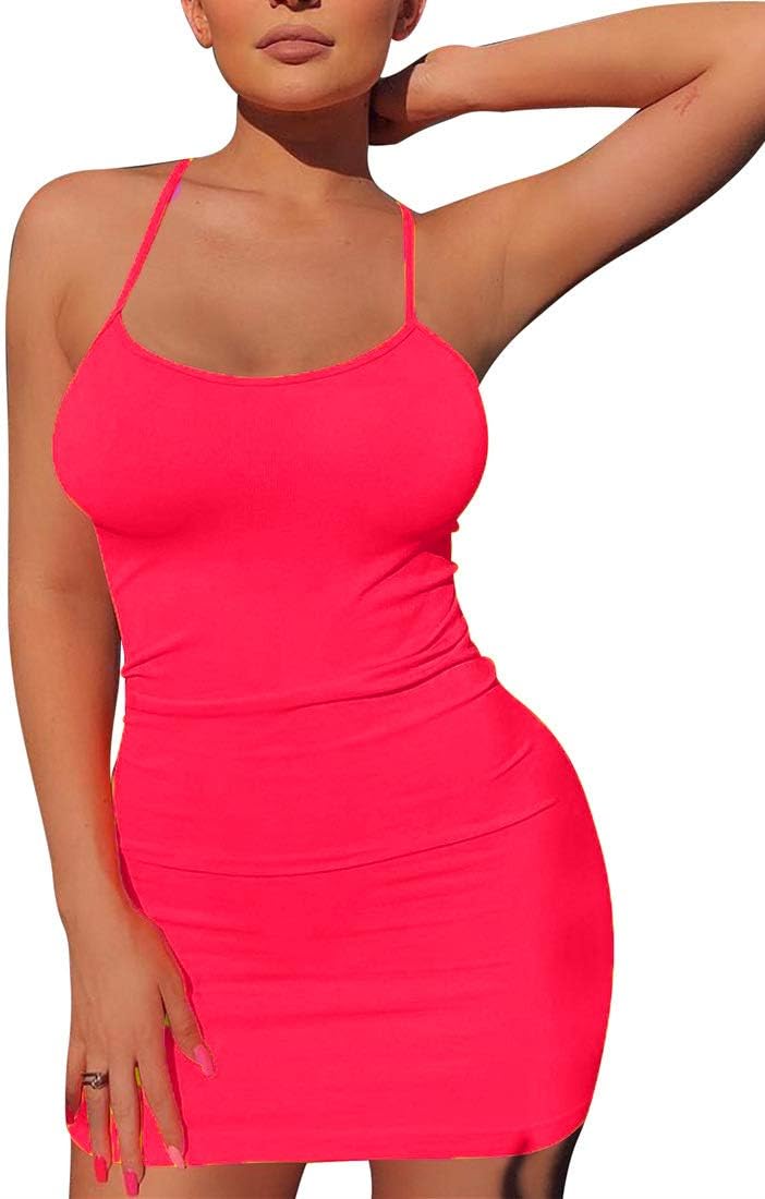 Women's Sexy Sleeveless Spaghetti Strap Tank Bodycon Tight Mini Club Party Dress