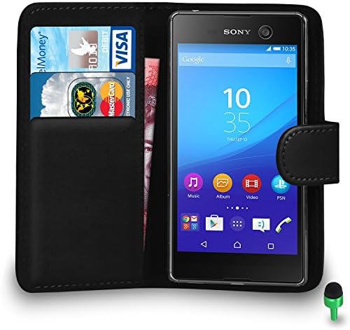 Sony Xperia M5 Case Premium Leather BLACK Wallet Flip Case Cover Pouch Green Cap