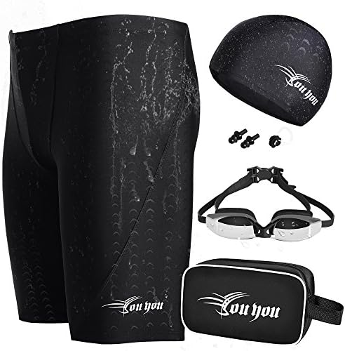 Preferhouse Men's Jammer Swimsuit Shorts + Swim Goggles + Swimwear Cap + Nose Clip + Ear Plugs Swimming Bag Set