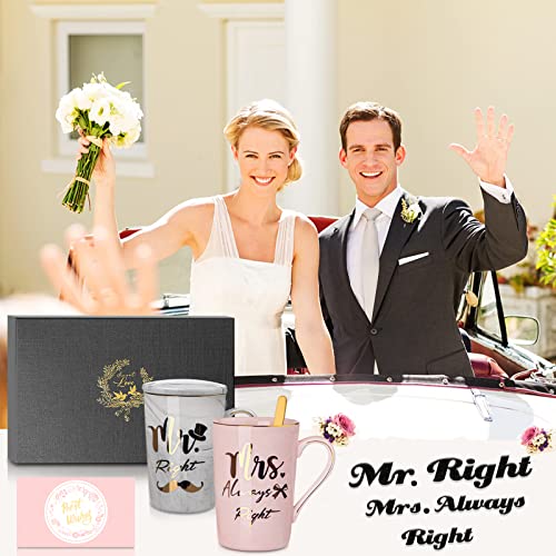 Mr Right and Mrs Always Right Couples Mug Sets for Wedding Gifts, Engagement Gifts, Bride to be, Bridal Shower, Bride and Groom, 14oz Ceramic Marble Cup with Gold Pattern, Microwave Dishwasher Safe