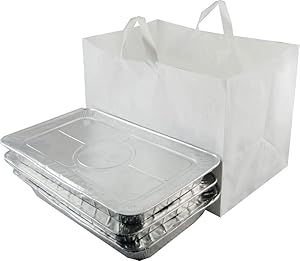 ZT Packaging Take Out Bag 22 x 14 x 15.25 x 14; 100Pcs Full Tray Catering Bags Cardboard Bottom Soft Loop Handles White Plastic Shopping Bag