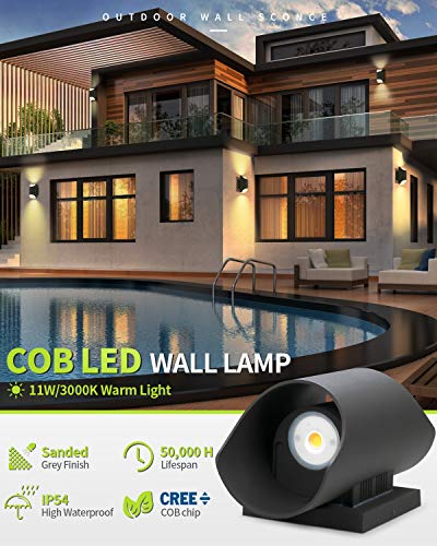 LED Aluminum Outdoor Wall Sconce, LMS Up and Down Outdoor Wall Mount Light Fixture, 11W COB LED 3000K Warm White Sanded Dark Gray Finish, Pack of 2, LMS-WL2