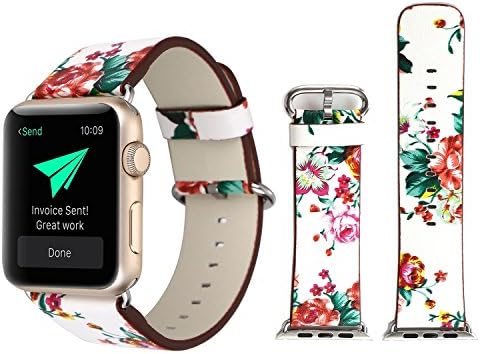 Winso Leather Apple Watch Band 38mm Floral Pattern Printed Smart iWatch Replacement Bracelet for Women, fits Apple Watch Series 3/2/1 Nike+ Hermes Edition (Flower,White-Red 38mm)