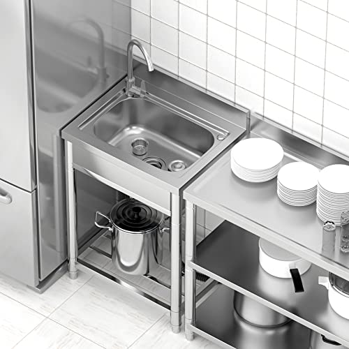 Vockol Professional Stainless Steel Kitchen Sink with 1 Basin, 55 x 50 x 94 cm, Freestanding Stainless Steel Sink with Tap and Accessories, Outdoor and Indoor Sink, Stainless Steel Sink for Kitchen, Restaurant, Garage, Garden