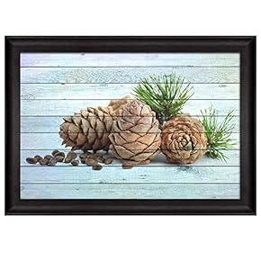 Pine Cones and Seeds Over Blue Wood Panels...