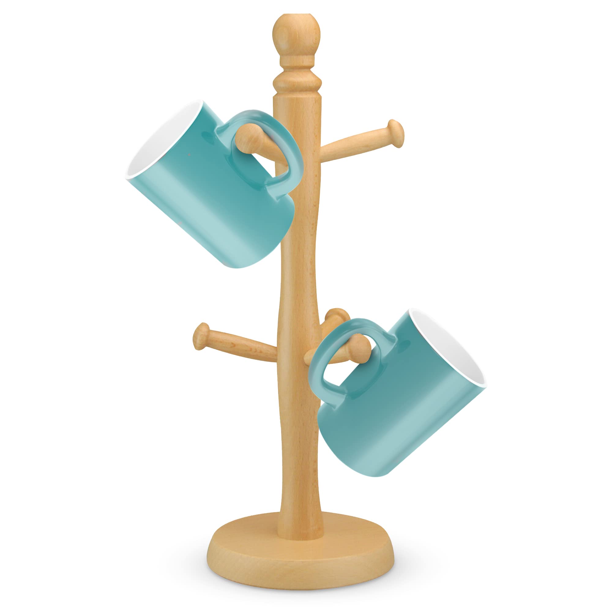 Flatro Mug Tree Cup Holder Kitchen Mug Holder for Coffee Mugs & Tea Cups - 100% Beechwood Wooden Cup Holder | Wooden Mug Tree Stand for Space Saving with 6 Cup Hooks