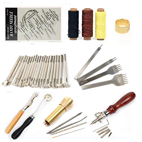 YaeTek 48Pcs Leather Craft Hand Tools Set Kit Sewing Stitching Thread Punch Carving Working