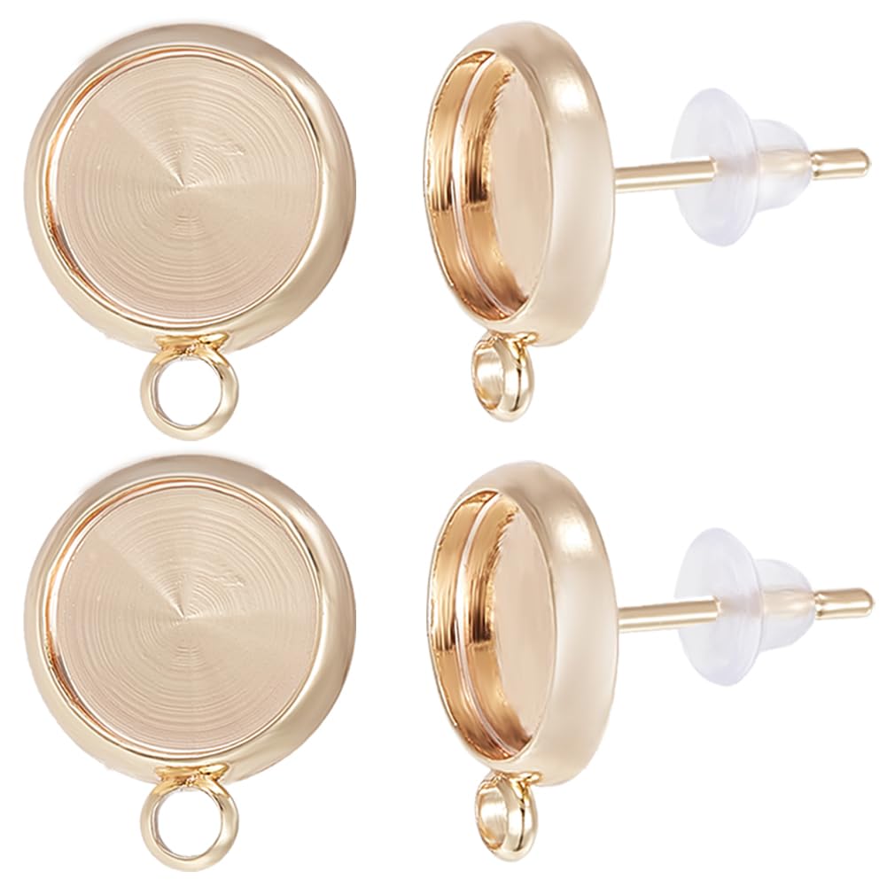 Beebeecraft 1 Box 20Pcs Stud Earring Bezel Blanks 18K Gold Plated Flat Round Cabochon Setting Post Cup Stud Findings with Loop and 20Pcs Ear Nuts for Earring Jewelry Making