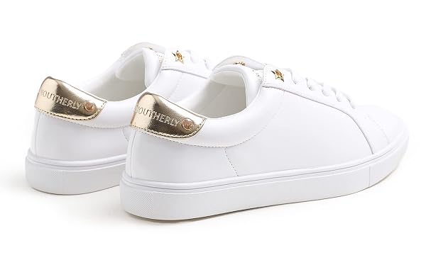 BREEZE NOUTHERLY WOMEN’S FASHION BLING DECO PARTY LIGHTWEIGHT VEGAN LEATHER SNEAKER WHITE LIGHT GOLD TRIM SIZE 7.5 M US