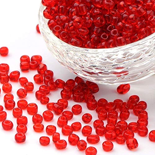 Pack of 1100 Glass Seed Beads 4 mm, 6/0, Pony Beads, Clear Mini Children's Beads, Seed Beads, Choice of Colours (Red Transparent)
