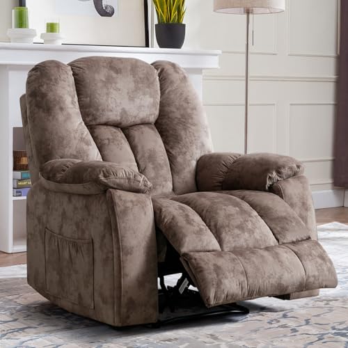 INZOY Manual Recliner with Massage and Heated, Soft Fabric Heated Recliner with Cup Holder and Overstuffed Backrest, Heavy Duty Reclining Sofa Chair for Living Room Home Theater, Brown
