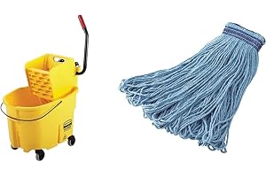 Rubbermaid Commercial Products, WaveBrake - Commercial Industrial Mop Bucket, 35 Quart, Yellow & Rubbermaid Commercial Universal Headband Blend Mop, Blue, Fg23800Bl00
